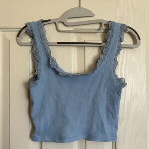 Blue Lace Trim Ribbed Tank Top